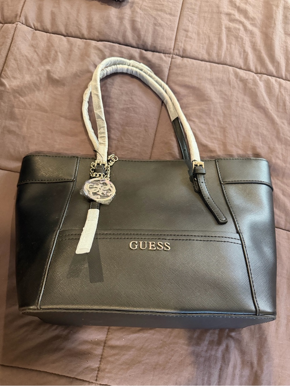 Guess Black Tote with Silver Logo Charm